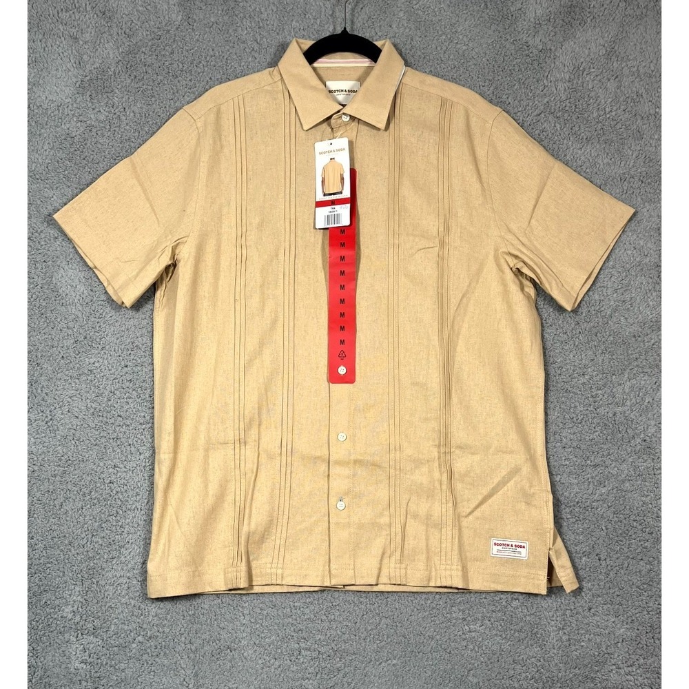 Scotch & Soda Shirt Men's M Tan Linen Blend Pintucked Front Casual Button Up